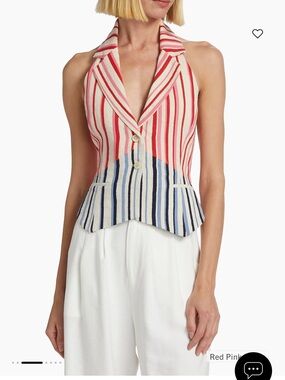 Rosie Assoulin Red, Pink and Blue Striped Halter Button-Down Top